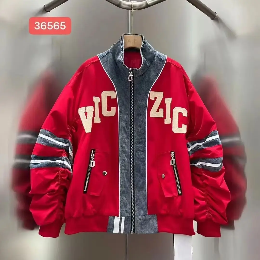 American Street Contrast Color Stand Collar Women Denim Jacket 2026 New Autumn Vintage Embroidery Letters Loose Cardigans Coat