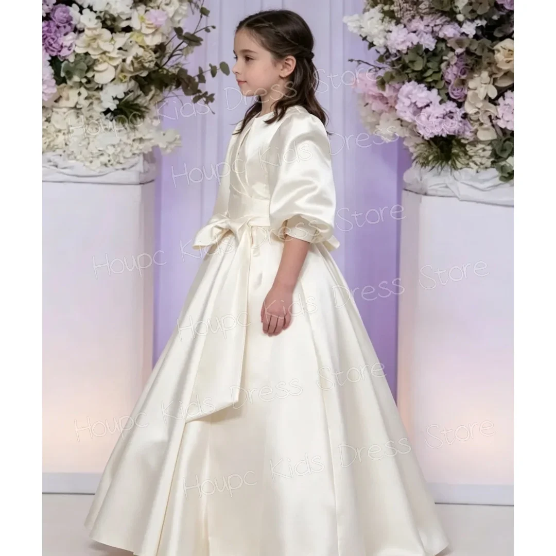 Custom Flower Girl Dress Ivory Satin High Neck Puff Sleeve Bow Waist A-Line Gown for Wedding First Communion Kids