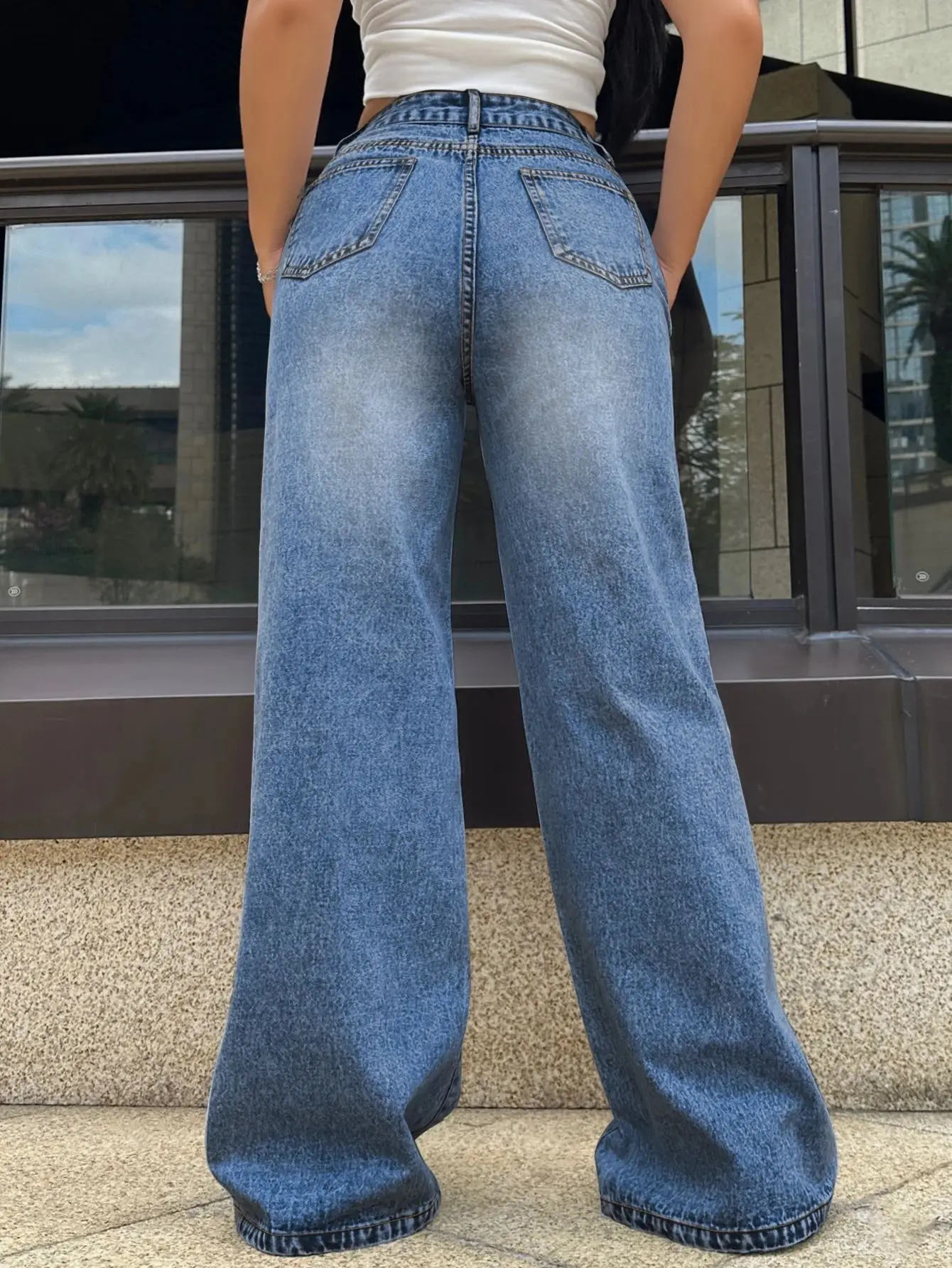 هول الجينز النساء خمر بنطال ذو قصة أرجل واسعة الدينيم الشارع الشهير عالية الخصر غسلها المتعثرة ممزق مستقيم بنطلون طول الأرض #3