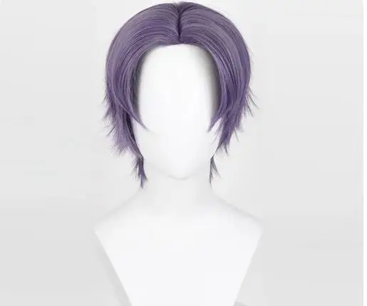 Wig ungu lurus pendek sintetis pria bagian tengah Cosplay permainan Anime rambut halus Wig tahan panas untuk pesta