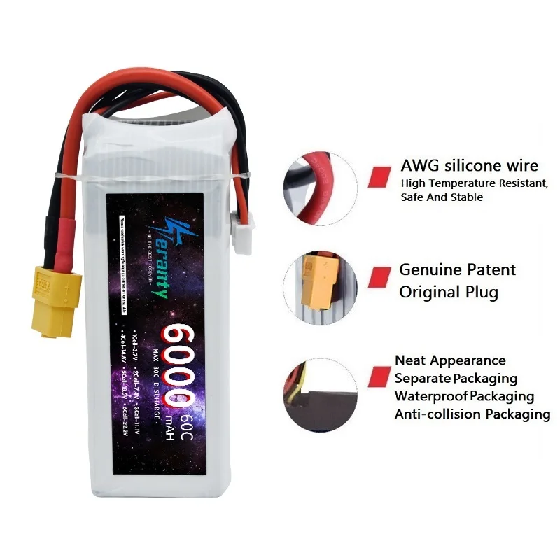 4S LiPo Battery 14.8V 6000mAh 60C for RC Car with Deans Plug XT60 Connector For RC Car Helicopter Drone Boat Airplane