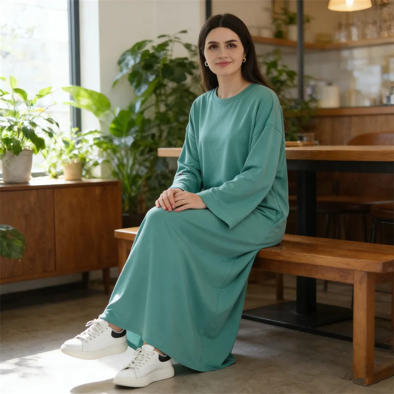 

Solid Color Modest Dress Middle Eastern Robe for Women Muslim Islam Clothing Turkey Kaftan Eid Djellaba Abaya Dubai Caftan Gown