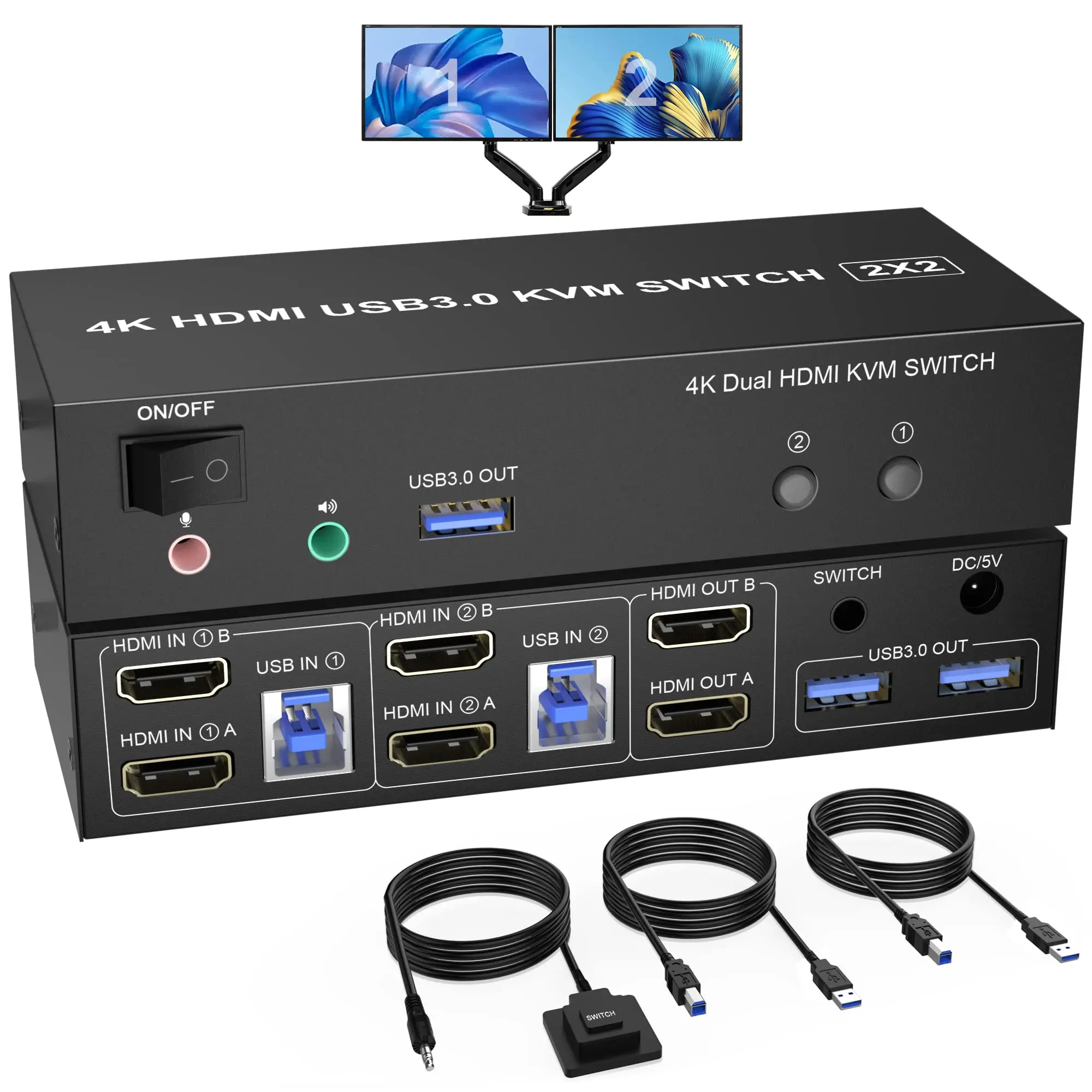 

USB 3.0 Dual Monitor KVM Switch HDMI 2 Port, 4K@60Hz 2 Monitors 2 Computers with Audio Microphone Output and 3 USB 3.0 Ports