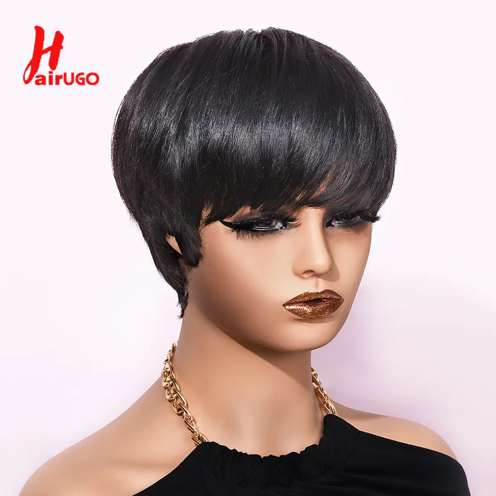 Wig Pixcut sorot Pixie Cut Wig rambut manusia untuk wanita Peruvian Non-Remy mesin penuh dibuat Wig lurus tanpa lem HairUGo