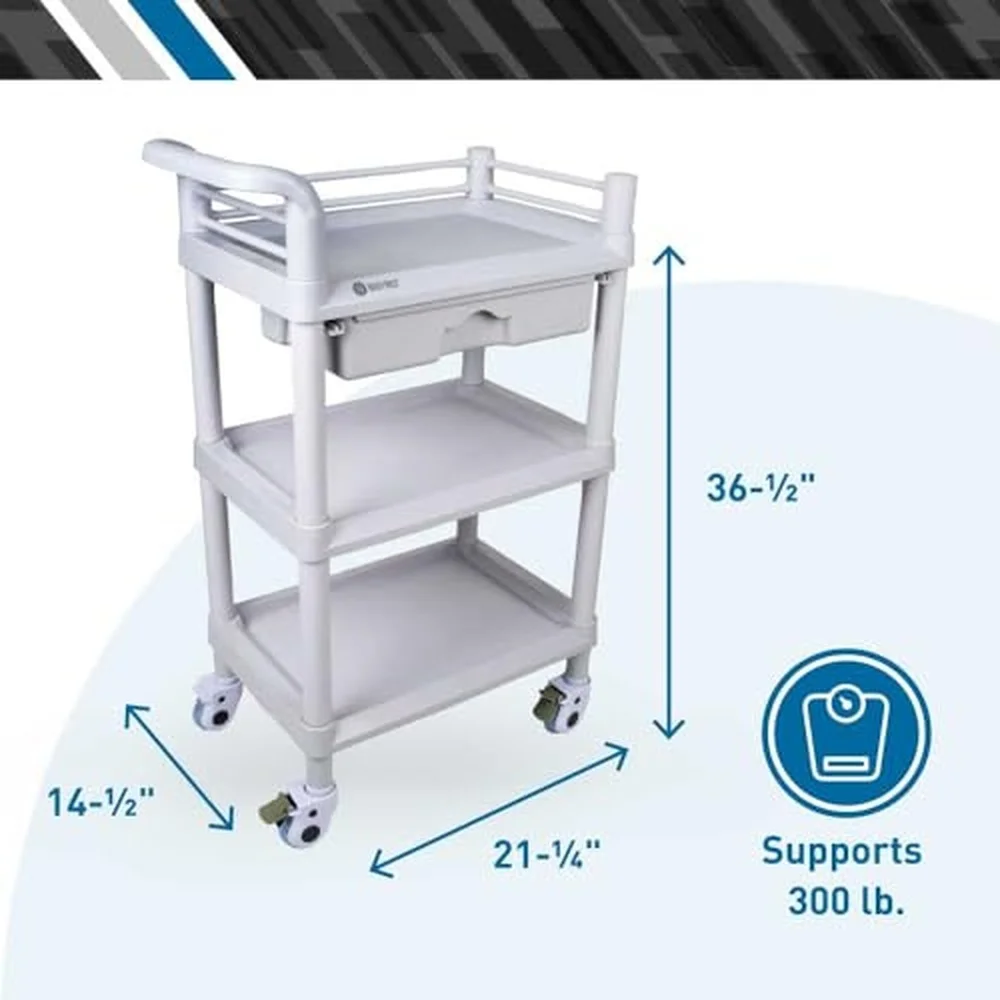 3 Tier Medical Utility Cart with Drawer and Shelves – 360 Degree Multi Functional Mobile Storage Organizer for Clinic