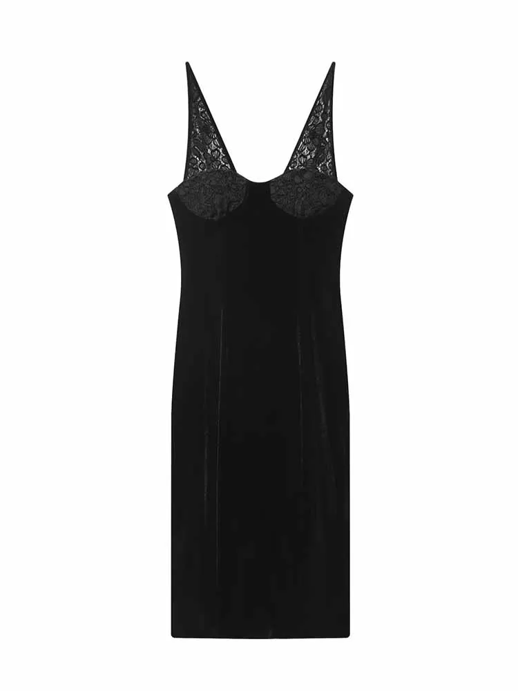 

HH Woman Spring Fashion Sexy Sleeveless V Collar Zipper Lace Decoration Velvet Fabric Dress Female Slim Fit Backless Dress