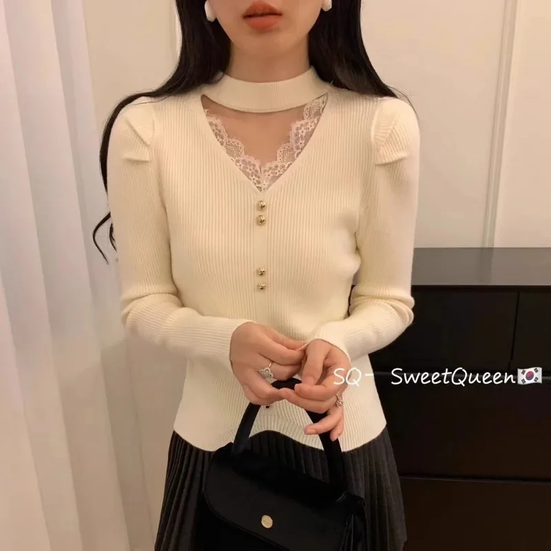 V-neck Halter Neck Sweater Bottoming Shirt for Women in Autumn Winter New Style Lace Splicing Slimming Inner Knitted Top