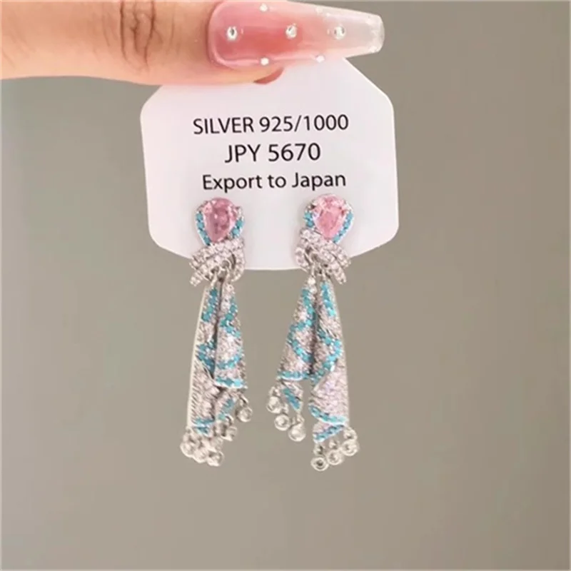 Elegant French Pink Blue Silk Rhinestone Tassel Earrings For Women Lady Vintage Water Drop Crystal Earrings Party Casual Jewelry