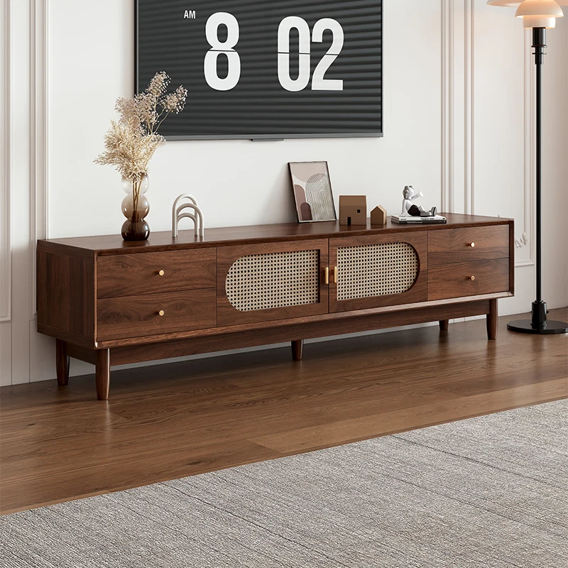 TV cabinet coffee table combination retro rattan solid wood frame living room French storage cabinet small apartment TV