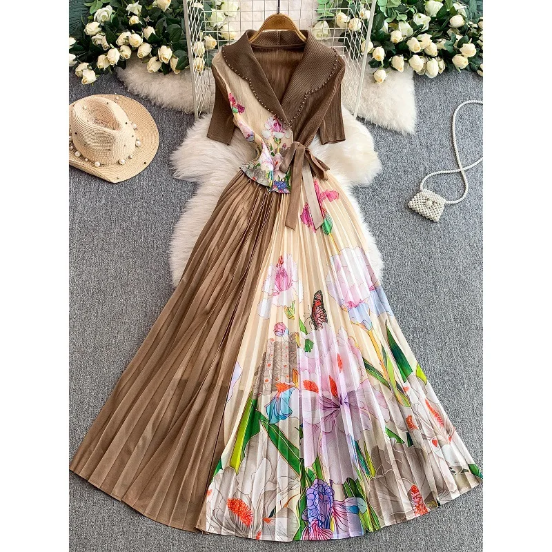 

2025 High-end Miyake Pleated Elegant Suit Collar Dress Women's Strap Waist Splicing Printed Pleated Pendulum Skirt