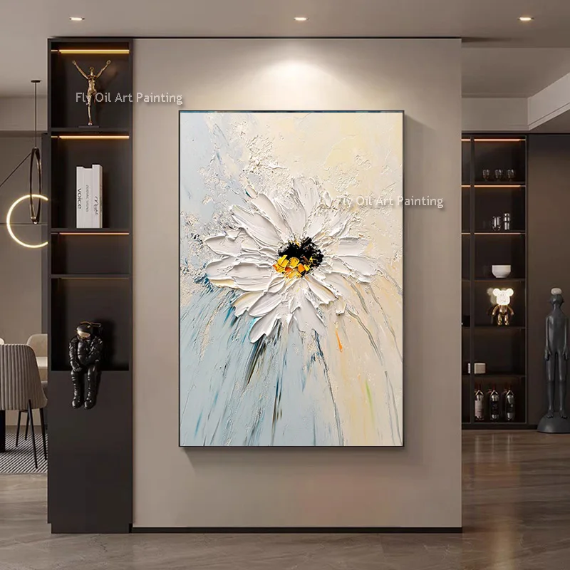 

Hand Painted Abstract Blue White Large Flower Canvas Wall Art Originla Artwork White Golden Florals Oil Painting For Home Decor