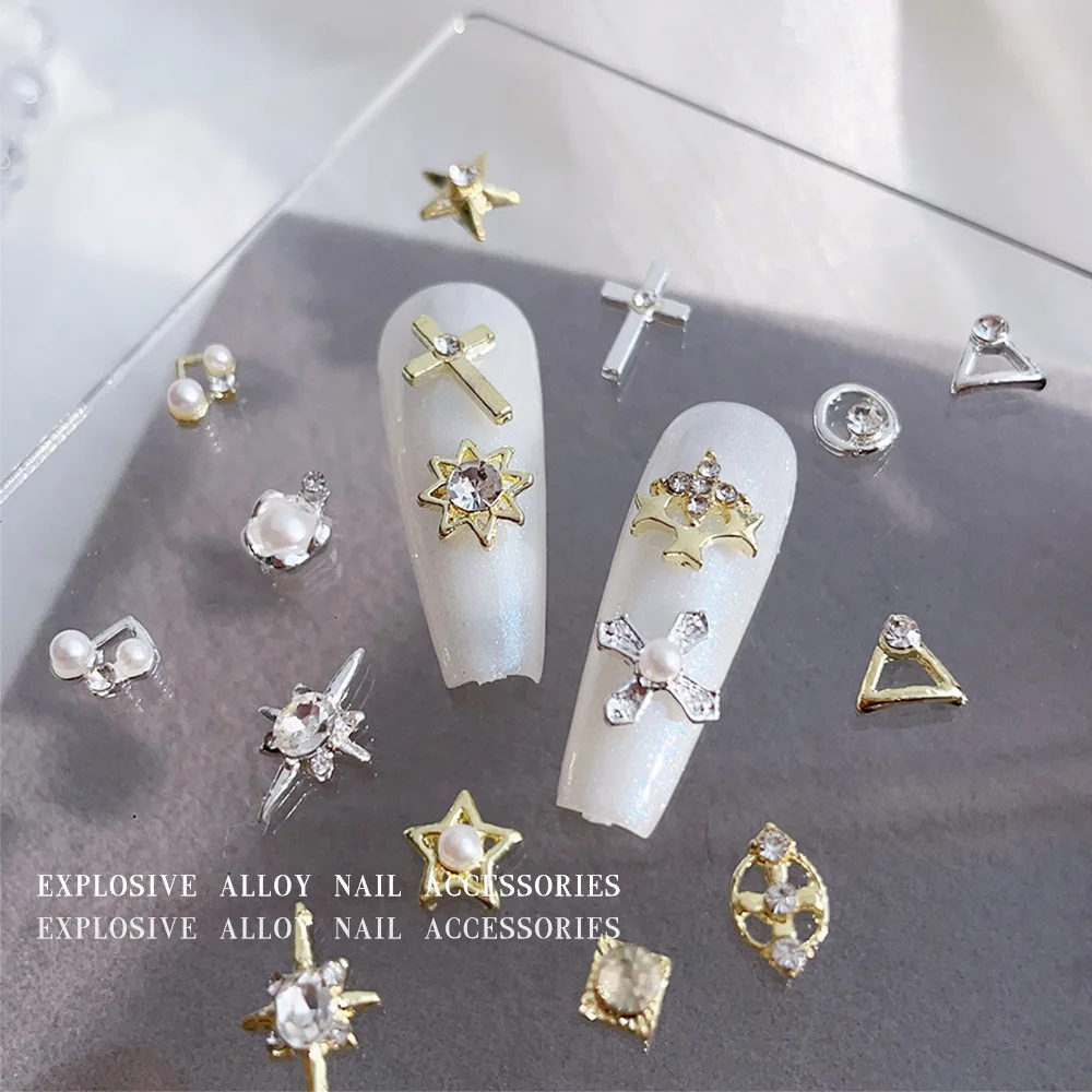 Five-Pointed Star Nail Art Accessories, Simple Diamond-Encrusted Cross, Four-Pointed Star, Pearl, Love Heart, Alloy Nail Rhinestones