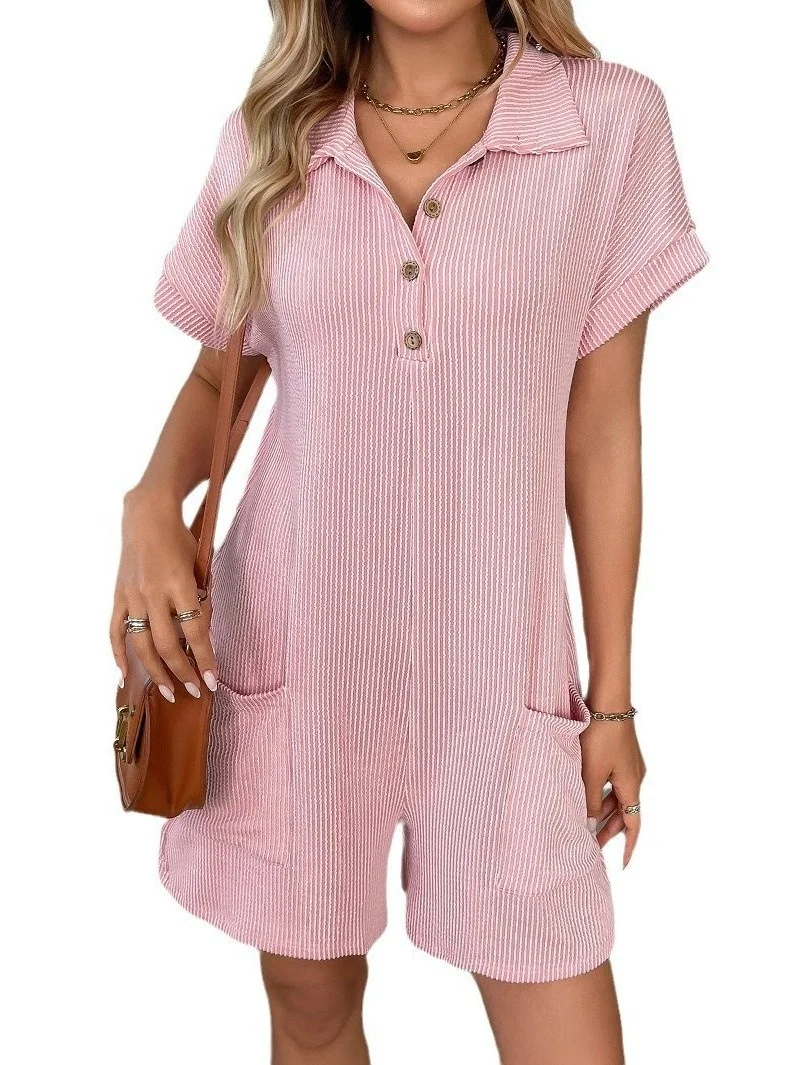 

Женский комбинезон с коротким рукавом, на пуговицах, свободного кроя, с отложным воротником, с высокой талией, прямые штанины, из тонкого полиэстера, для весеннего повседневного образа