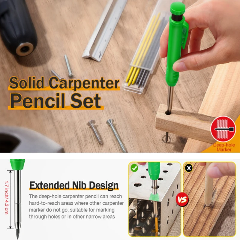 Solid Carpenter Pencil Set Built-in Sharpener with 6 Refill Leads Mechanical Pencil Marking Tool Kit for Woodworking Architect