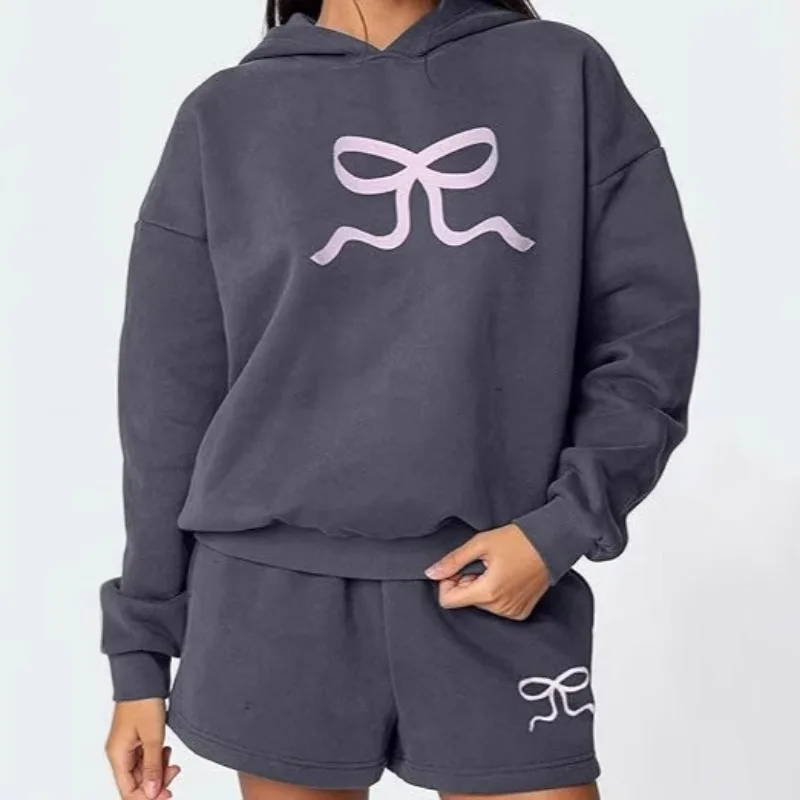 Tops Sweatshirts Shorts Long-sleeved Two-piece Sets Autumn/Spring Women's Bow-tie Printed Hooded Loose-fitting Thickened Niche