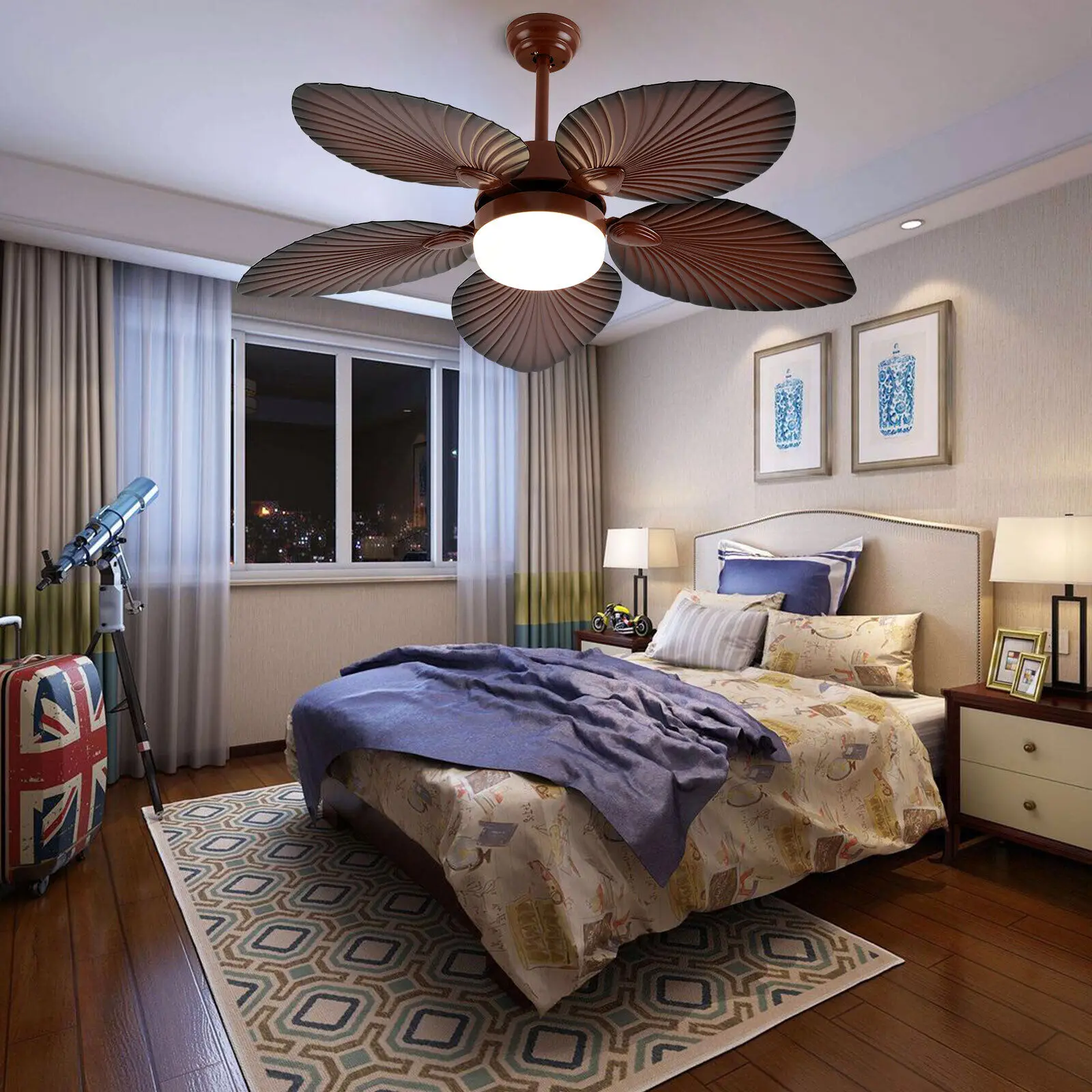 52 Inch Tropical Style Ceiling Fan Light Retractable 5 Palm Leaf Blades Industrial Chandelier With Remote Control