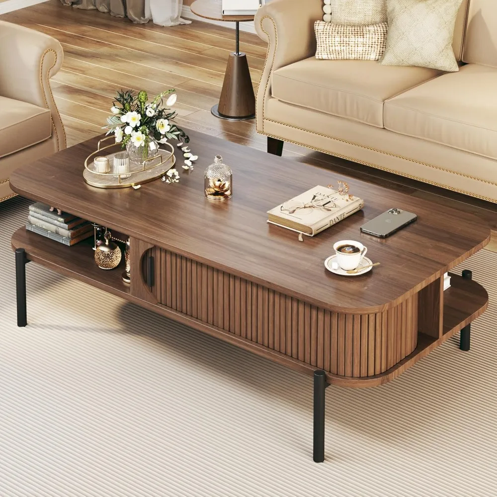 

Coffee Table, 47.2 Mid Century Modern Coffee Tables for Living Room, Coffee Table with Storage Open Shelf, Fluted Table
