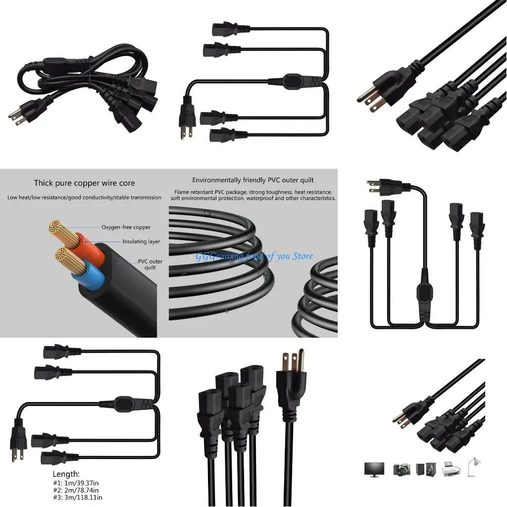 

H9EB US NEMA 5-15P Male to 4x IEC320 C13 Female Power Cable Cord for Laptops Power Adapters