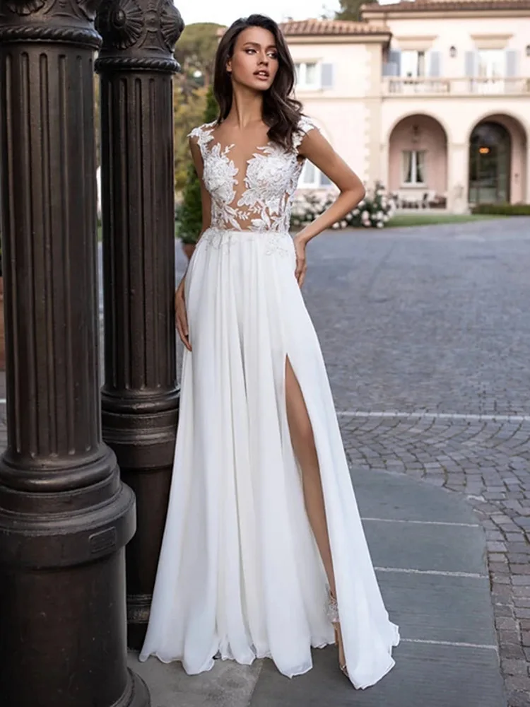 VENSANAC Boho Spacco laterale Applicazioni in pizzo Una linea Abito da sposa Illusion Scollo a V Backless Sweep Train Abito da sposa