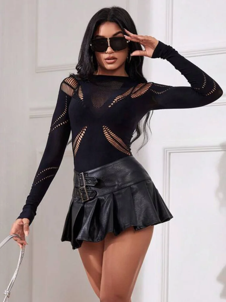 Black Bodysuit Sexy Fishnet Lingerie Babydoll Long Sleeve Teddy Bodystockings Hollow Out Pajamas Mesh Stretchy One Piece Rompers