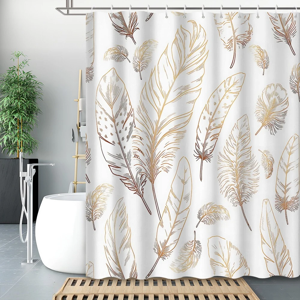 1pc 2D Flat Printed Shower Curtain with Golden Line Feather Pattern Design,, Includes 12 Hooks, Bathroom Accessory, 2D Flat