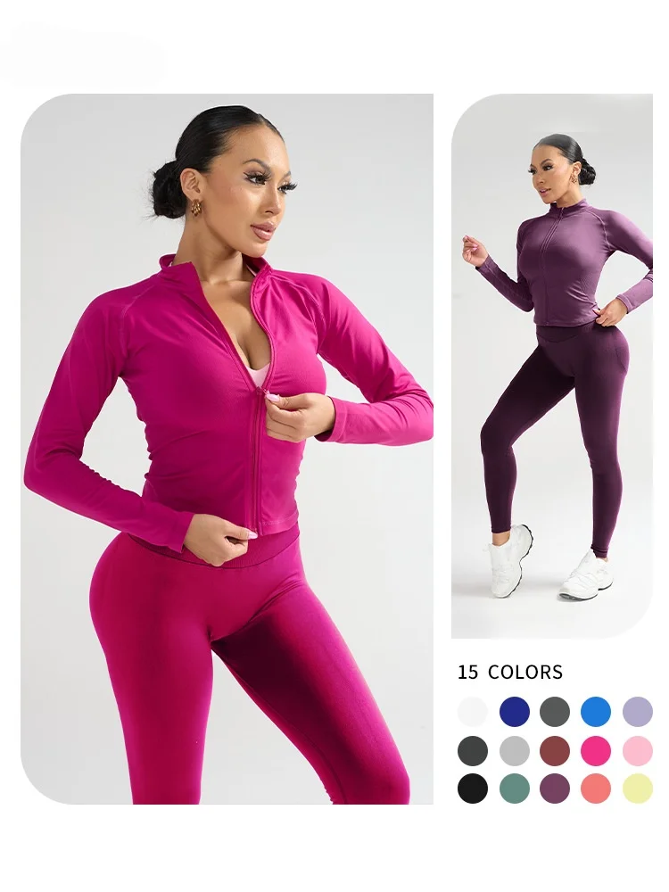 

Outdoor Full Zipper Yoga Suit Set, Outerwear, Peach Hip Sports Three Waist Tight Yoga Pants, Comfortable and Casual Set