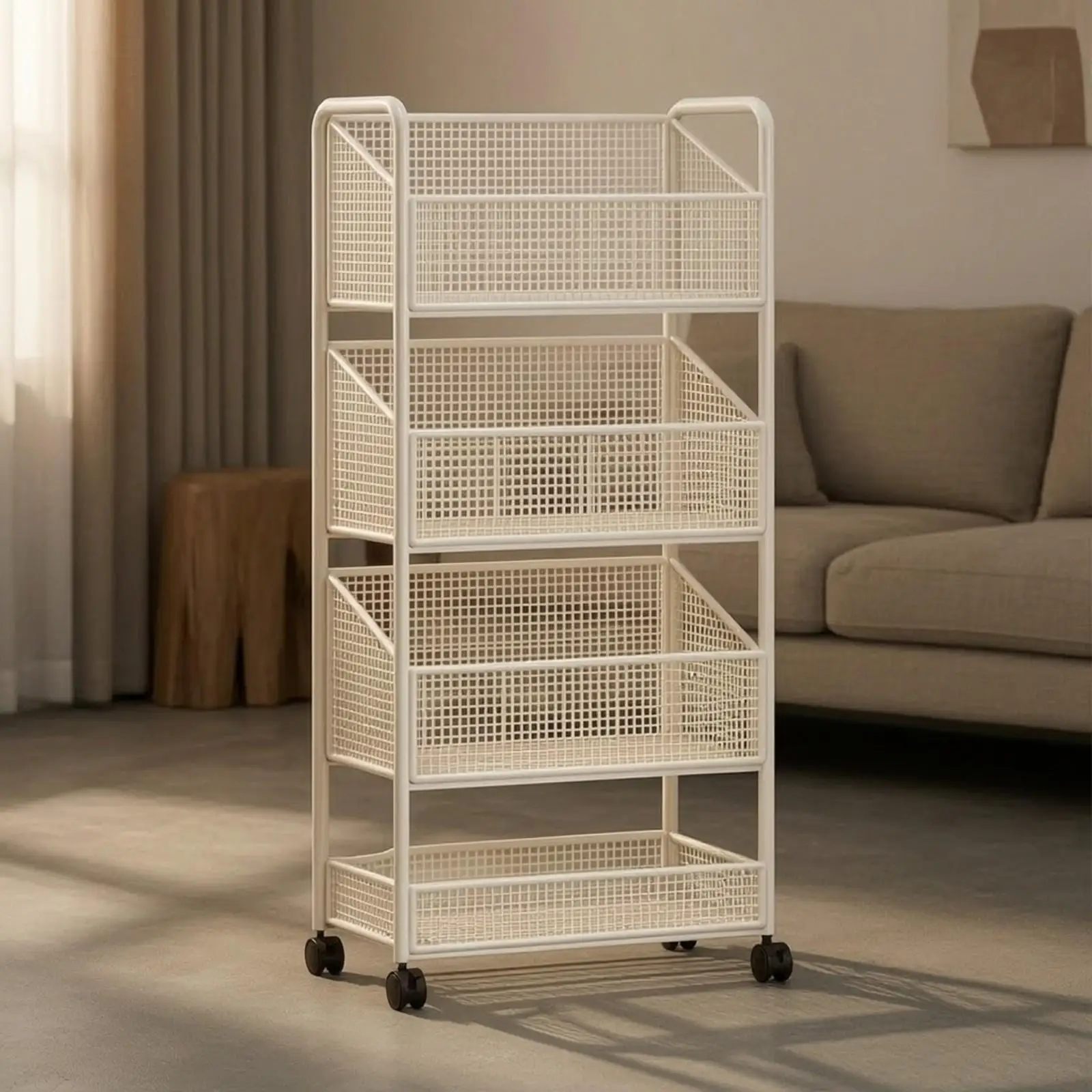 Slim Storage Rack with Casters Narrow Open Grid Storage Shelf with Guard Rails Multi-Compartment Rolling Organizer Mobile