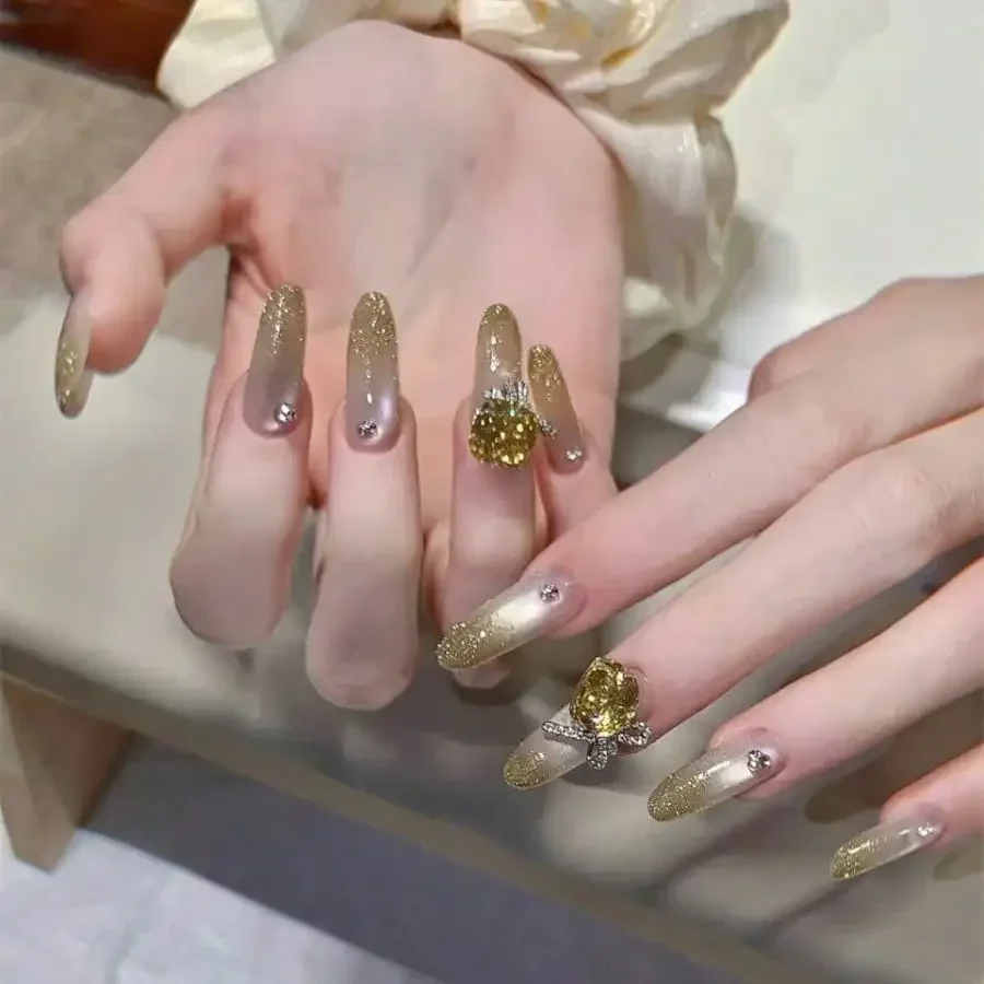

24Pcs Champagne Crystal Cat Eye Long Round Press On Nails, Glitter Rhinestone Bow Fake Nails For Party