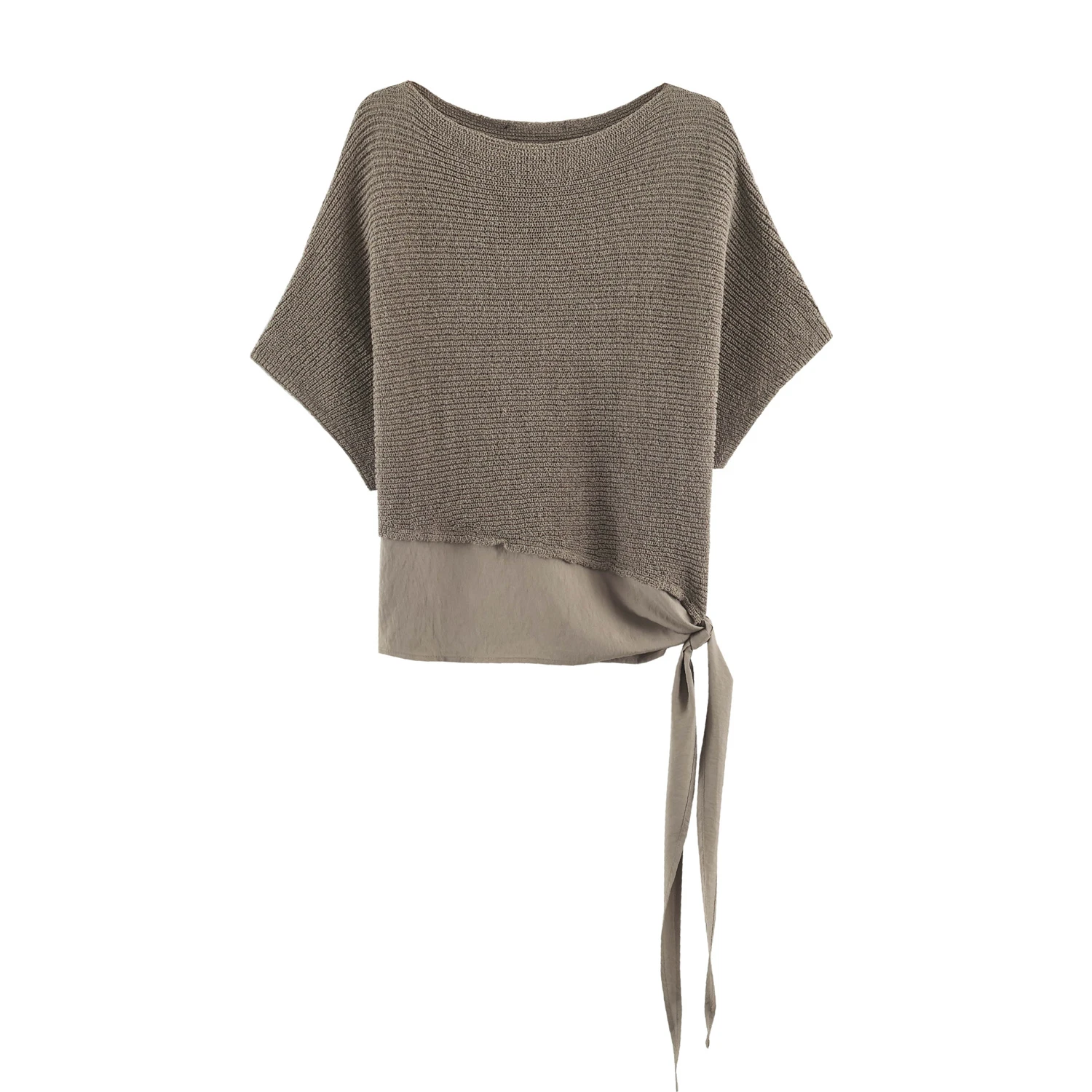 Early autumn new women's clothing lazy style loose short sleeved round neck asymmetrical splicing knitted top