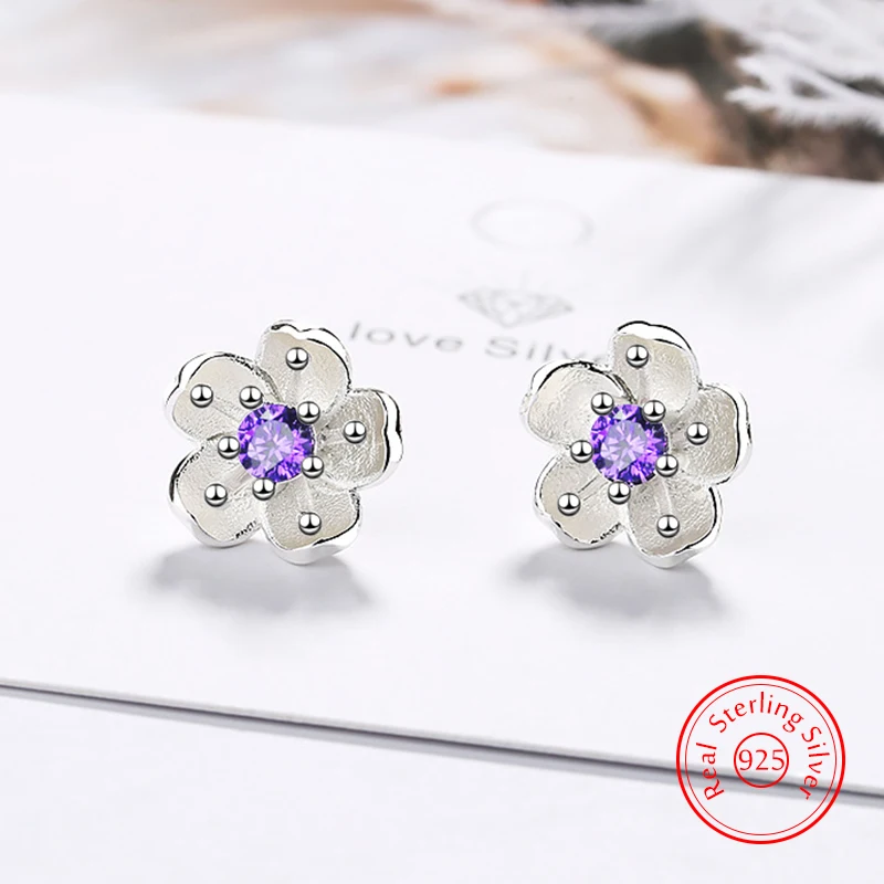 

New Original Women's Vintage Jewelry 925 Sterling Silver Crystal Flower Stud Earrings FQL25145