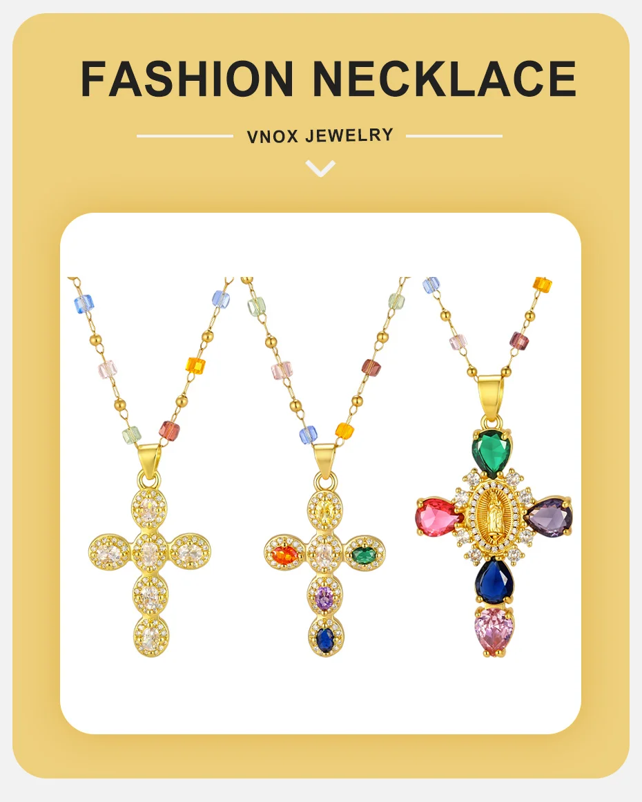 Vnox Mehrfarbige CZ-Steine Kreuz-Anhänger-Halskette für Frauen, vergoldet, bunte Zirkon-Religionskette, christlicher Schmuck – Detail 1
