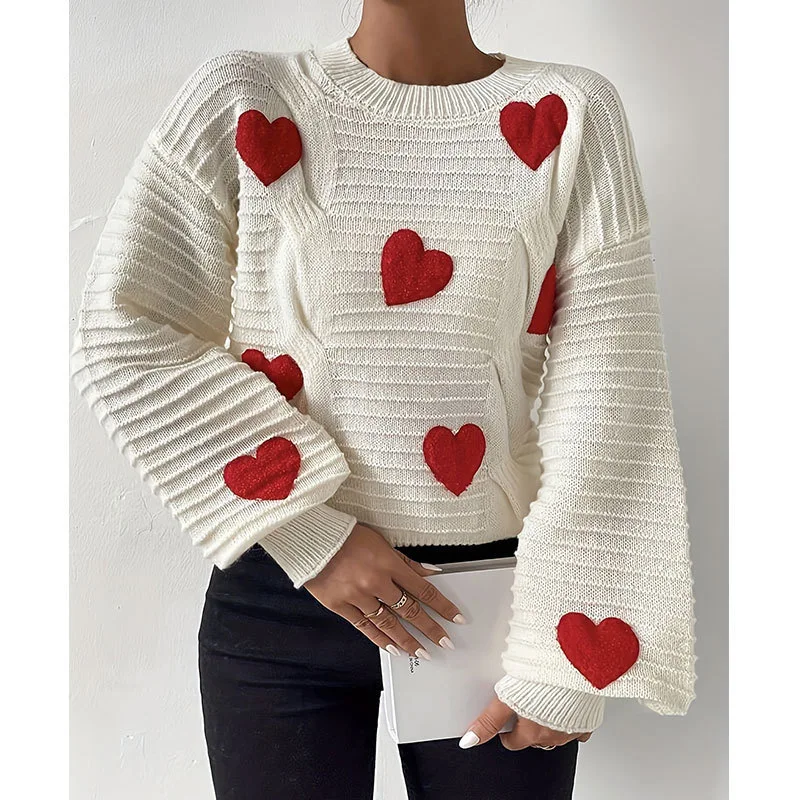 Herfst en winter nieuwe brede trui dames losse paar liefde ronde hals trui gebreide top met lange mouwen