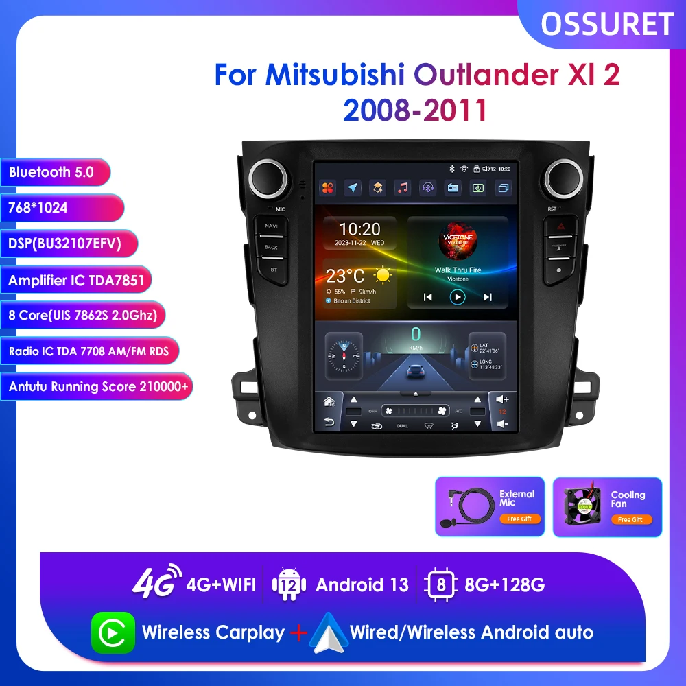 

Ossuret 9.7" Wireless Carplay Car Radio GPS for Mitsubishi Outlander XI 2 2008-2011 Android 13 Multimedia Player 4G BT DSP 2 Din