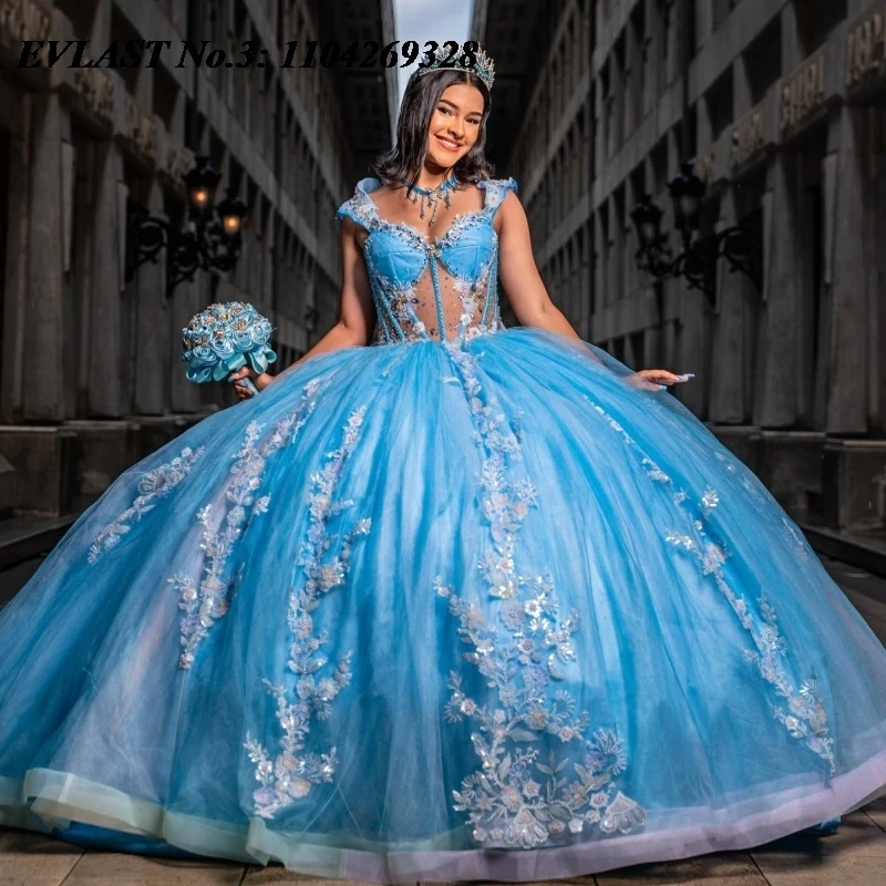 

EVLAST Customized Baby Blue Princess Quinceanera Dress Ball Gown Floral Applique Beading Sweet 16 Vestidos De 15 Anos E3Q696