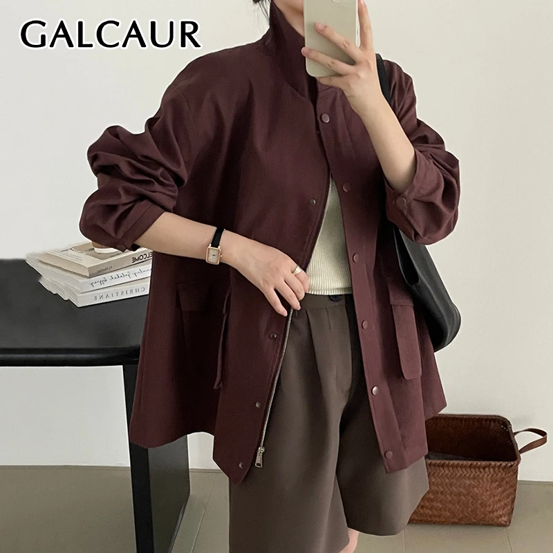 

GALCAUR Solid Minimalist Spliced Zipper Loose Chic Coats For Women Stand Collar Long Sleeve Patchwork Button Coat Female Fashion