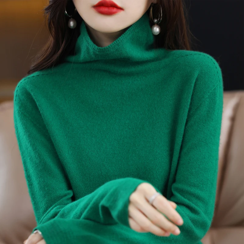 Women\'s sweater autumn/winter 100% pure wool sweater casual solid knitted Tops turtleneck pullover loose basic bottom Blouse