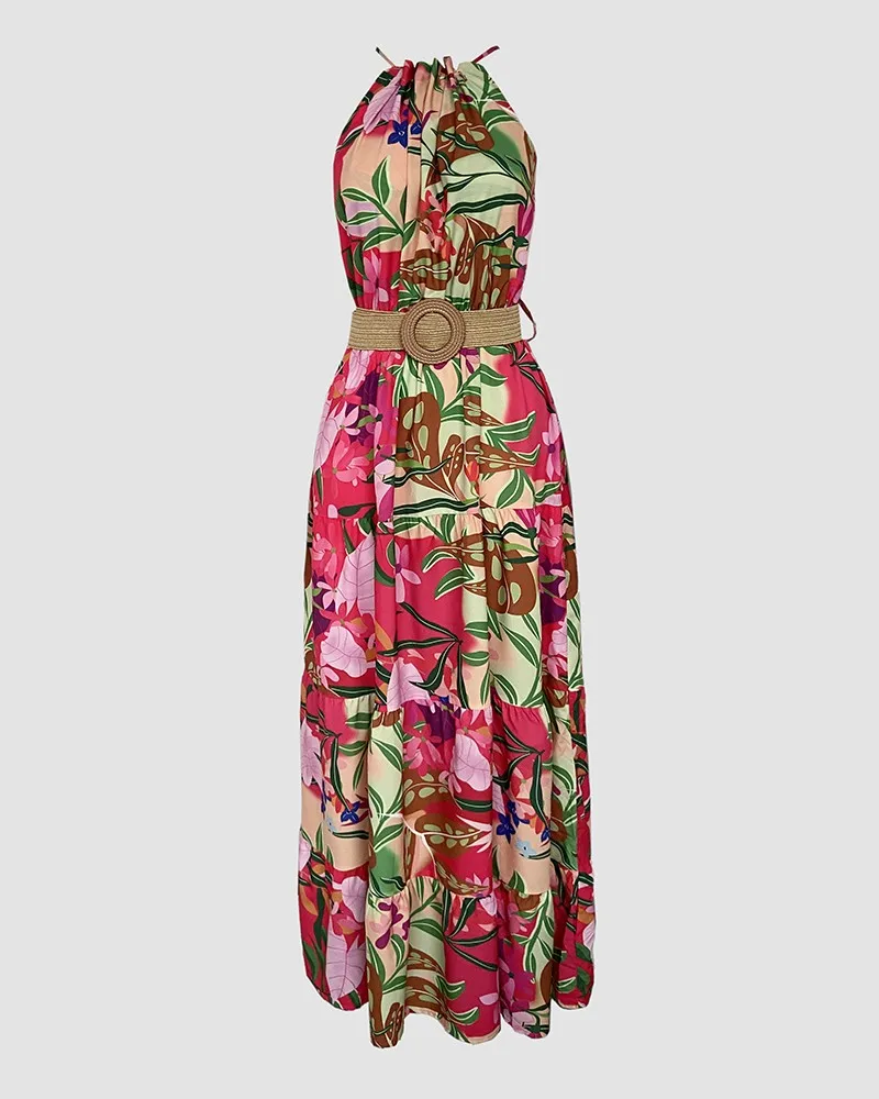 Abito estivo alla moda da donna con stampa tropicale, maxi abito senza maniche increspato con scollo all'americana, abito grembiule fluido casual con linea A