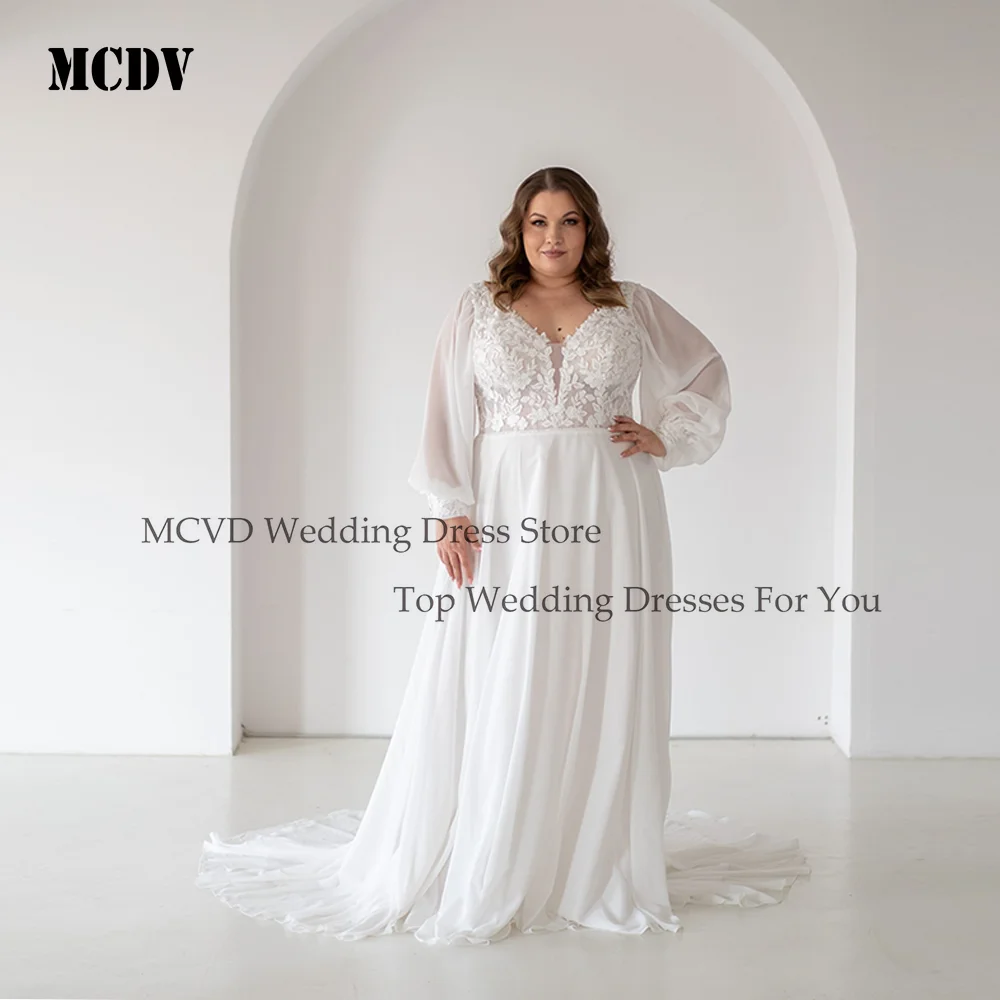

MCDV Lace Boho Plus Size Wedding Dress Civil Long Sleeve Backless V-Neck Bridal Beach Gowns 2026 Vestidos De Noive Customized