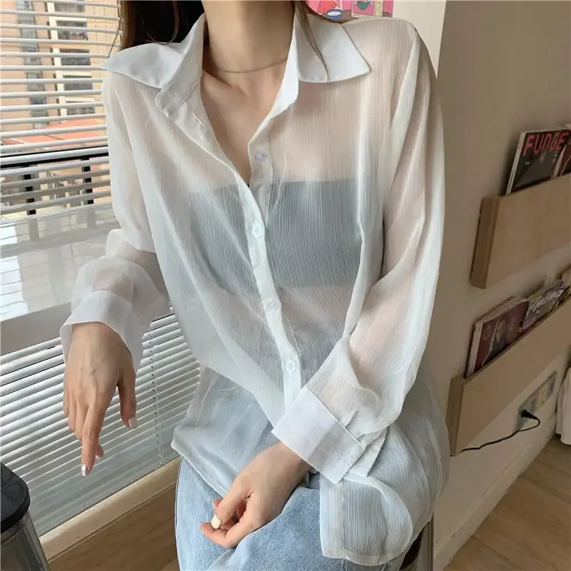 Shirts Women Sheer Solid Simple Sunscreen Ladies All-match Special Charming Sexy Basics Korean Style Popular Modern Leisure New