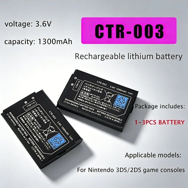 Batterie Lithium-Ion de remplacement, 1300mAh, 3.6V, pour Console de jeu Nintendo 3DS/2DS, N3DS CTR 003, cellule Rechargeable