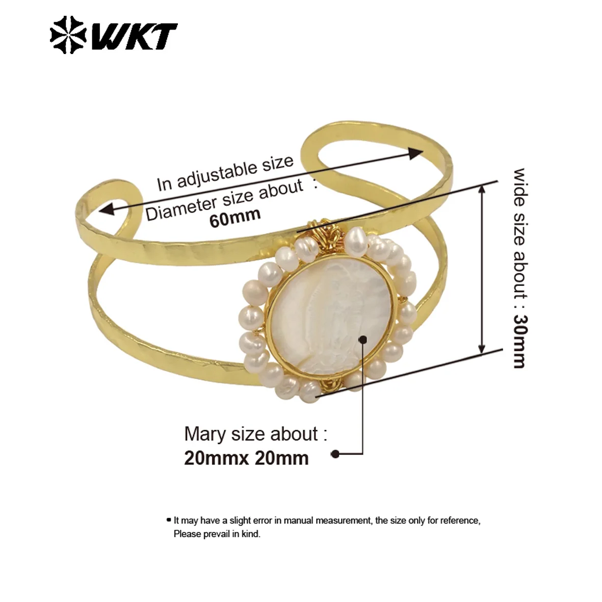 

WT-MPB132 WKT Four Styles Natural Pearl Shell 60MM Cuff Bangle Adjustable With 18k Gold Plated For Girls Jewelry Commuter
