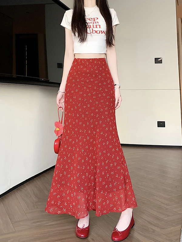 Red Floral Chiffon Halter Neck One Step Long Skirt Women's Summer Beach Vacation Style Sexy Fish Tail Bodycon Skirt