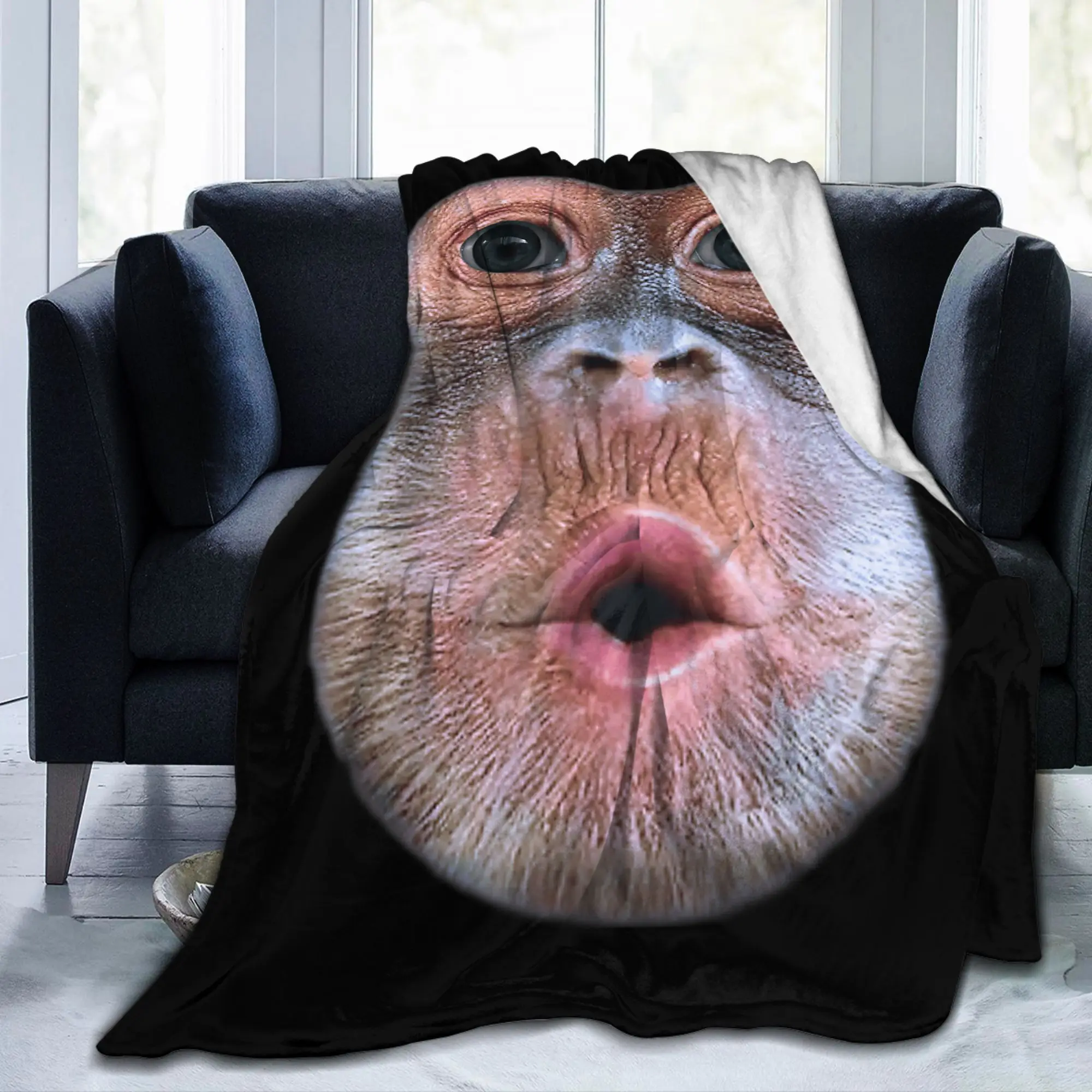 Funny Monkey Blowing Stomach Face Blankets Flannel Print Meme Multifunction Lightweight Bedding Throw Blankets for Bedroom