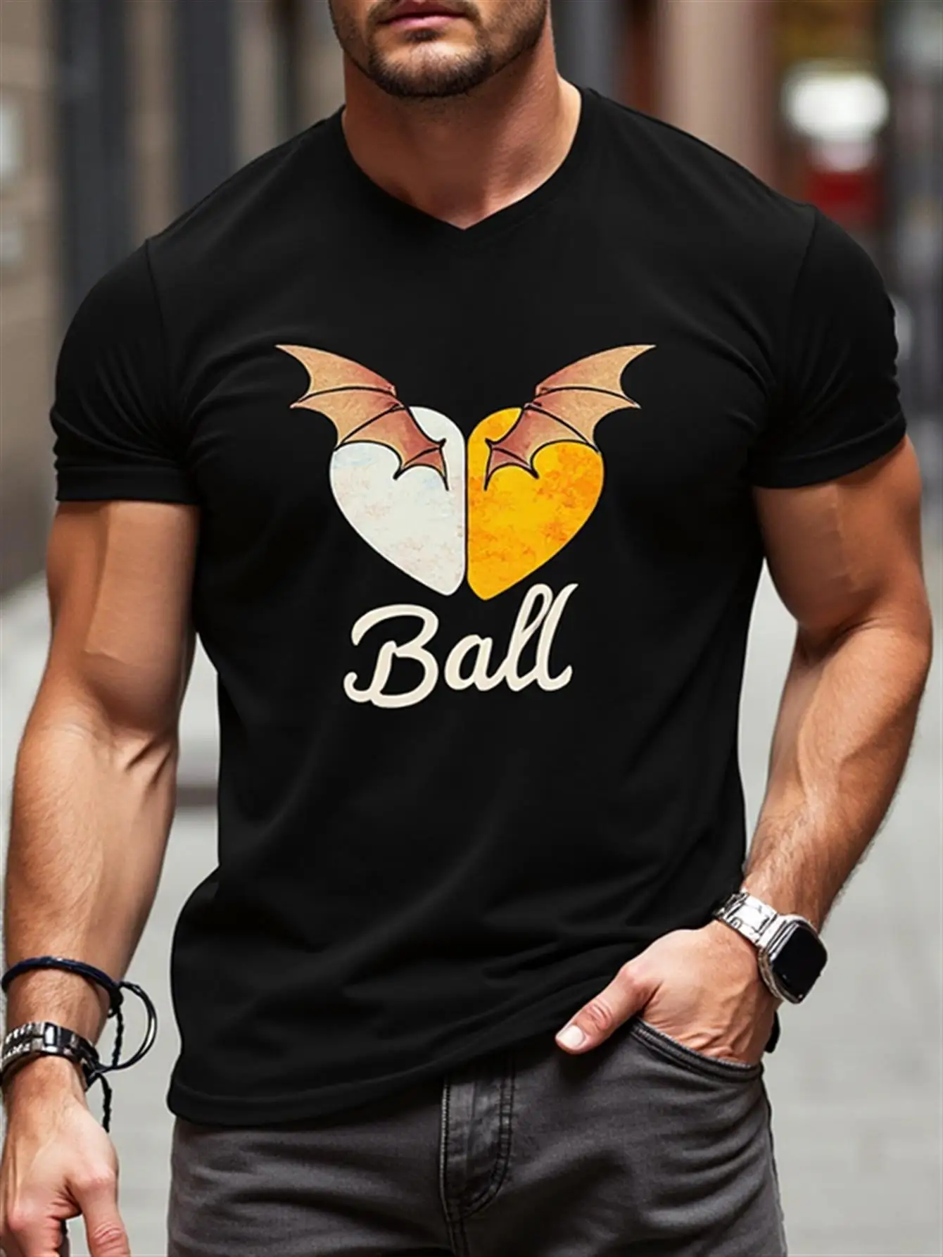 

Men's Black T-Shirt with Heart and Bat Designs, Casual Fit, Short Sleeves, Crew Neck, Geometric Design, Perfect for Summer and Holiday Gifts, Casual Wear T-Shirt, Fun Graphic T-Shirt, Comfortable Fit Shirt T-Shirt