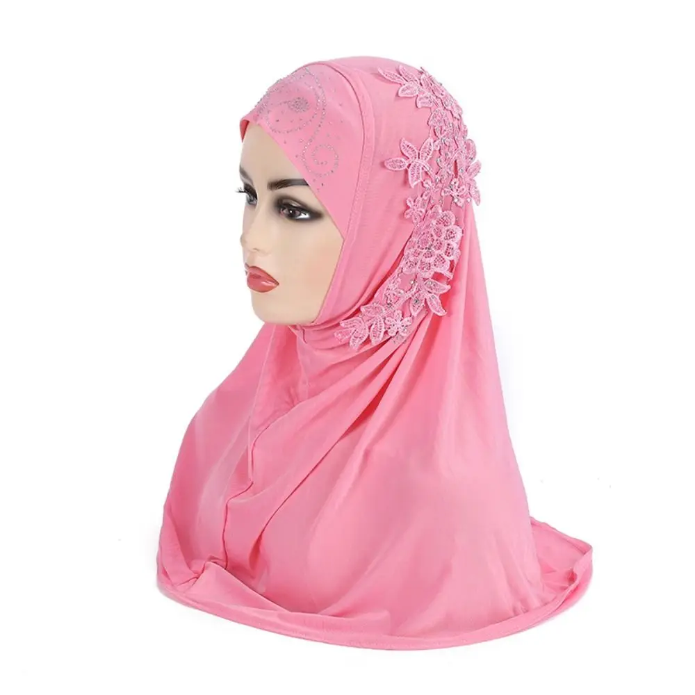 

Lace Rhinestone Big Gilrs Muslim Hijab New Beautiful Solid Color Shawl Headscarf Hat Pull on Wrap Gift Islamic Scarf