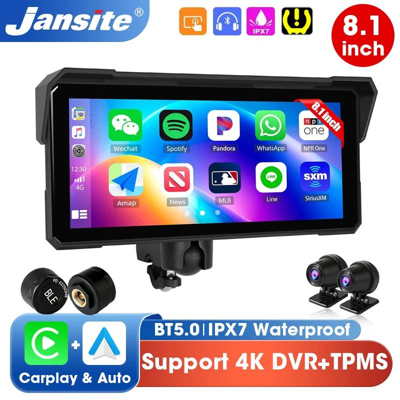 

8.1" Motorcycle Screen Wireless Carplay Android Auto 4K+1080P Dual Camera Portable Moto GPS Navigation Dual BT IPX7 Waterproof