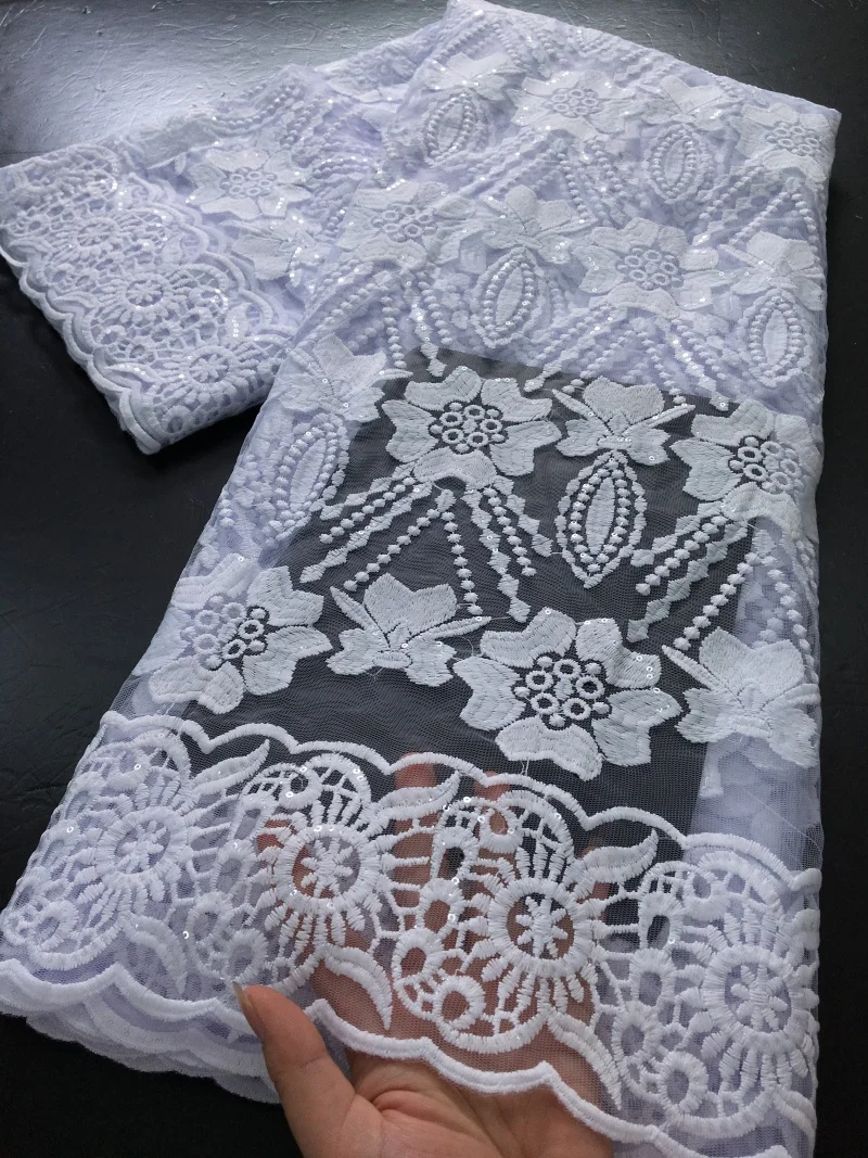 

White African Guipure Cord Lace Sequins Fabrics High Quality Water Soluble Lace Embroidery Party Dresses For Women,2.5yards 4458