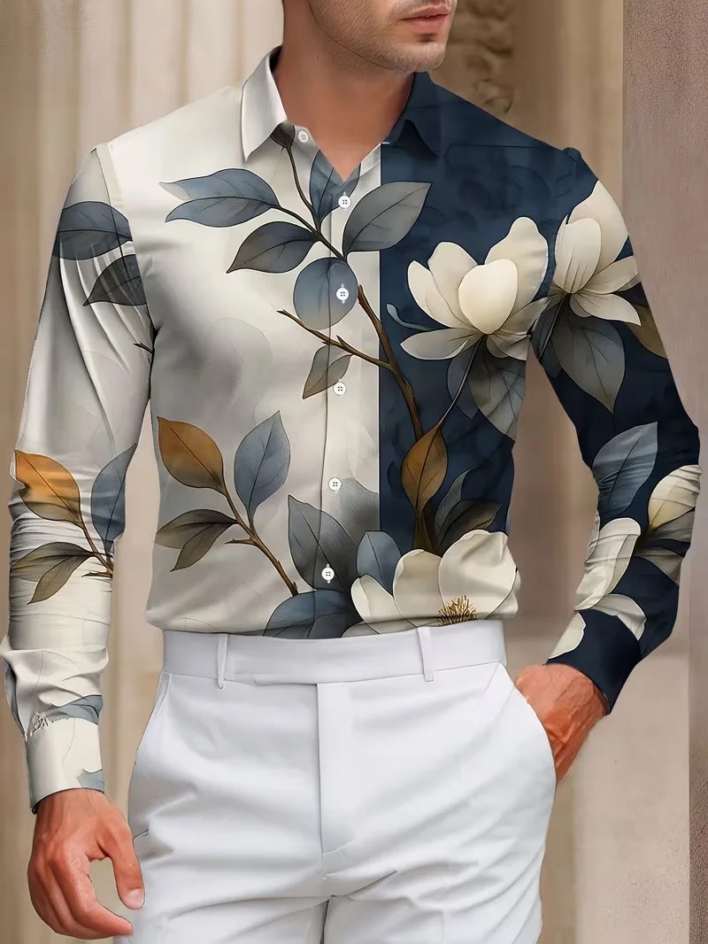 

Multi leaf pattern men's shirt lapel holiday shirt 3D printed color splashed casual street long sleeved fashionable shirt top