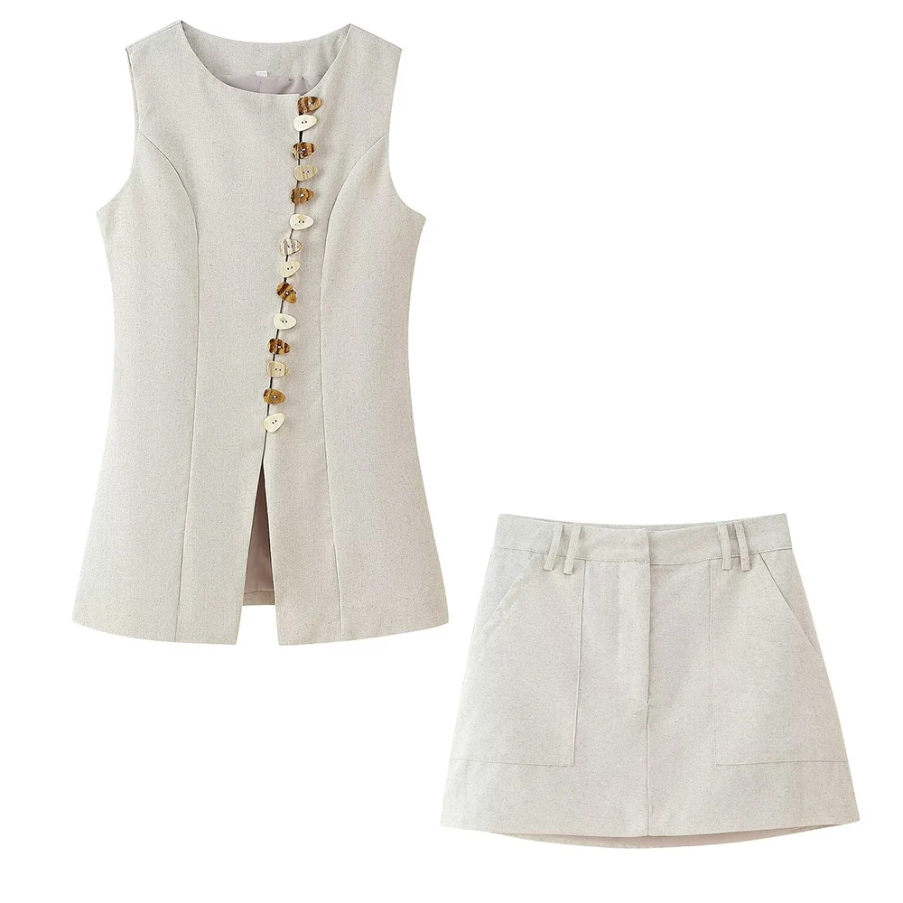 

2025 New Women's Clothing European and American Style Casual Fashion Versatile Design Round Neck Top&Short Skirt Set