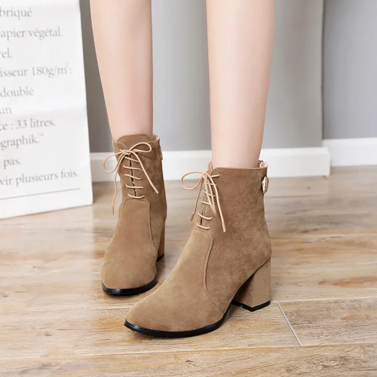 

Faux Suede Women Ankle Boots Fashion Lace Up Round Head Chunky Heels Short Boots